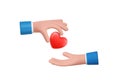 3D cartoon hand give red heart to another