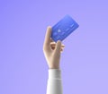 3d cartoon hand holding bank credit card isolated over blue background, online payments and payment concept