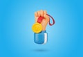 3d cartoon hand holding golden medal first place vector illustration. Winning achievement design elements on blue Royalty Free Stock Photo