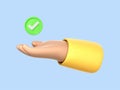 3D cartoon hand holding green check mark icon. Hand holds a done sign. Success concept on blue background. Vector 3d illustration Royalty Free Stock Photo