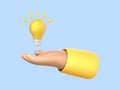 3D cartoon hand holding a light bulb isolated on blue background. Thinking, good idea and business success creative concept. Royalty Free Stock Photo