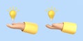 3D cartoon hand holding a light bulb isolated on blue background. Thinking, good idea and business success creative concept. Royalty Free Stock Photo