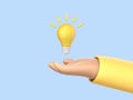 3D cartoon hand holding a light bulb isolated on blue background. Thinking, good idea and business success creative concept. Royalty Free Stock Photo