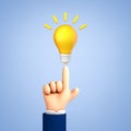 3D Cartoon hand holding a light bulb isolated on blue background. Thinking, good idea and business success creative concept. Royalty Free Stock Photo