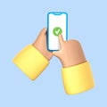 3D cartoon hand holding smartphone with green check mark. Check mark on smartphone screen. Finger touching screen isolated on blue Royalty Free Stock Photo