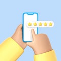 3D cartoon hand leave feedback on phone screen. Hand holding with five star rating on smartphone. Positive user review, rate,