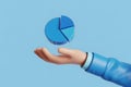 3D Cartoon Hand Presenting a Blue Pie Chart on a Light Blue Background Royalty Free Stock Photo