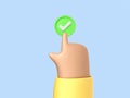 3D cartoon hand presses green button with check mark. Accepting, agree concept. Finger selects successful, correct answer. Vector Royalty Free Stock Photo