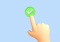 3D cartoon hand presses green button with check mark. Accepting, agree concept. Finger selects successful, correct answer. Vector