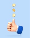 3D cartoon hand tossing a gold coin. Decision making by chance. Concept of excitement, luck, fortune. Vector 3d illustration