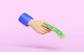 3D cartoon hands holding banknote pay for goods icon isolated on pink background. spend money, contributing, settle concept, 3d