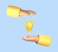 3D cartoon hands with light bulb isolated on blue background. Thinking, good idea and business success creative concept. Vector 3d Royalty Free Stock Photo