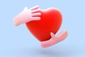 3D cartoon human hands hugging red heart on blue background. Royalty Free Stock Photo