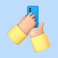 3D cartoon human hands with smartphone isolated on blue background. Finger touch display of smartphone. Vector 3d Illustration