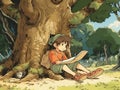 2D cartoon illustration of a child reading a book under a shady tree.