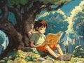 2D cartoon illustration of a child reading a book under a shady tree.