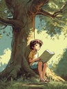 2D cartoon illustration of a child reading a book under a shady tree.