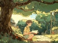 2D cartoon illustration of a child reading a book under a shady tree.