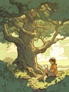 2D cartoon illustration of a child reading a book under a shady tree.