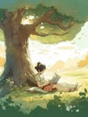2D cartoon illustration of a child reading a book under a shady tree.