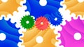2d cartoon illustration of modern moving gears icons forming colorful pattern over white background. Royalty Free Stock Photo