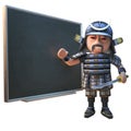 3d cartoon Japanese samurai warrior in full armour teaching at a chalkboard blackboard, 3d illustration