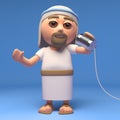 3d Cartoon Jesus Christ the Christian saviour chatting on tin can phone