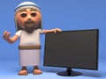 3d Cartoon Jesus Christ holy saviour has a new widescreen television monitor