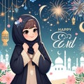 3D cartoon kid girl vector happy Eid alfitr Mubarak ai generator