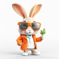 3d cartoon of little rabbit with carrot leaves