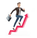 3d cartoon man with briefcase running on growing arrow Royalty Free Stock Photo