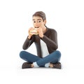 3d cartoon man eating sandwich sitting on floor