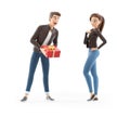 3d cartoon man offering gift to woman