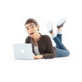 3d cartoon man working on laptop and lying down on floor