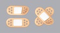 3D cartoon medical plaster icons. Sticky medic bandage. Medic recovery patch. Beige adhesive antibacterial bandage. First aid