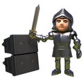 3d cartoon 3d medieval knight in armour waves his sword in front of a pa sound system amplifier Royalty Free Stock Photo