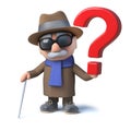 3d Cartoon old blind man character has a question mark symbol
