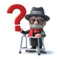 3d Cartoon old man with walking frame holds a question mark