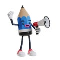 3d cartoon pencil character announced over the loudspeaker and raised his hand