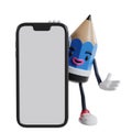 3d cartoon pencil character appears from behind a big phone