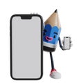 3d cartoon pencil character appears from behind a big phone and holding phone