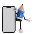 3d cartoon pencil character appears from behind a big phone with open hand