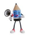 3d cartoon pencil character holding a megaphone and pointing with index finger at the camera