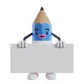 3d cartoon pencil character standing and holding long white banner with two hands Royalty Free Stock Photo