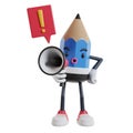 3d cartoon pencil character talking loudly with megaphone saying no with exclamation mark bubble ornament