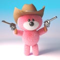 3d cartoon pink fluffy teddy bear character dressed as a cowboy with pistols and stetson hat, 3d illustration