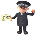 3d cartoon policeman in uniform holding an admission ticket, 3d illustration
