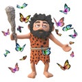 3d cartoon prehistoric caveman character with club surrounded by pretty butterflies, 3d illustration