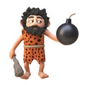 3d cartoon prehistoric caveman character holding a gunpowder bomb and club, 3d illustration