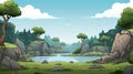 2d Cartoon Prehistory Game Asset: Serene Bay With Trees And Stones